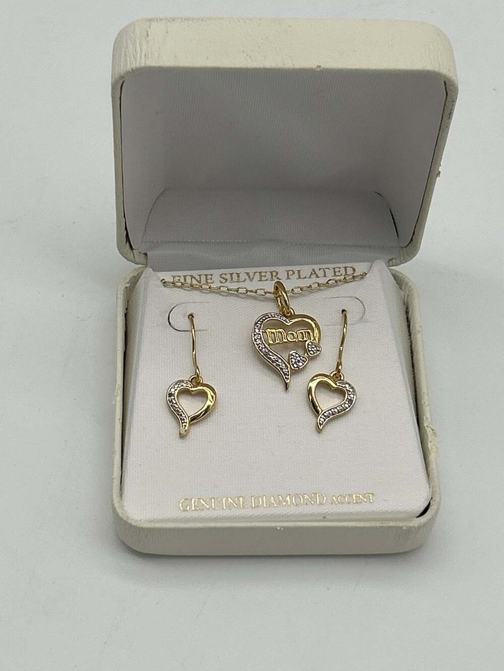 Vintage Mom Heart Necklace Earrings Set Bronze Fine Silver Plated Mother’s Day